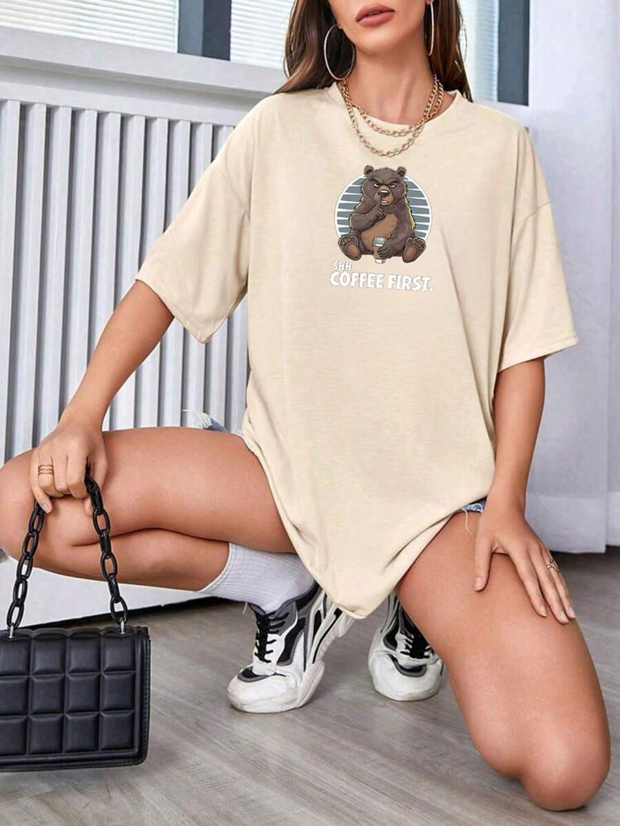 Oversized Women's Casual Off Shoulder 100% Cotton T-Shirt With Bear Print - 米色 - 查看 1