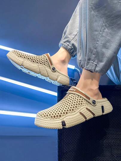 男士镂空一脚蹬凉鞋，夏季休闲厚底包头沙滩拖鞋，防滑耐用驾驶凉鞋