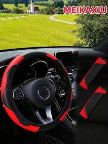 MEIKAXIU 3pcs Set MAKAXIU PU Leather & Carbon Fiber Steering Wheel Cover + 2pcs Shoulder Pads, Comfortable Non-Slip Universal Auto Accessories For Men And Women - one-size - View 2