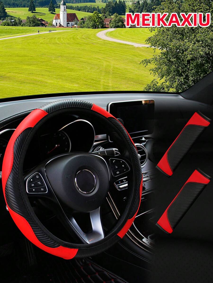 MEIKAXIU 3pcs Set MAKAXIU PU Leather & Carbon Fiber Steering Wheel Cover + 2pcs Shoulder Pads, Comfortable Non-Slip Universal Auto Accessories For Men And Women