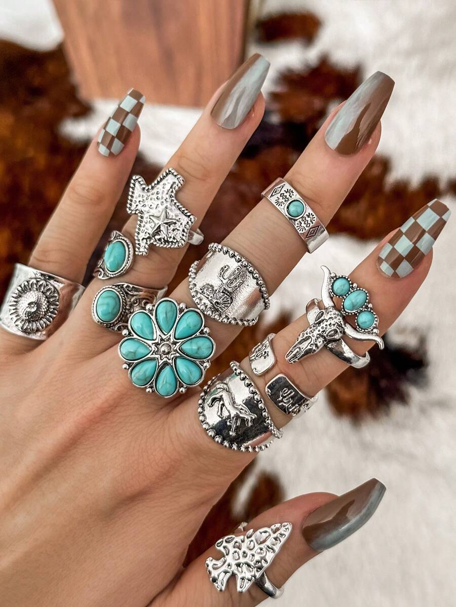 Bộ 10 chiếc/Bộ Hoa ngọc lam cổ điển, Bản đồ Texas, Xương rồng, Hoa hướng dương, Nhẫn kiểu hở hình mũi tên dành cho nữ Trang sức ngày lễ Valentine, Mẹ, Mẹ, Ngày của Mẹ, Quà tặng - Nhiều màu - Xem 1