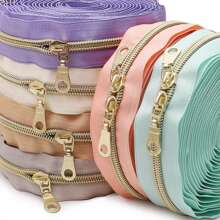 1 Set = 4.5m Zipper + 10pcs Zipper Pulls, Nylon 5 Zipper With Contrast Light Golden Teeth, Nylon Coil, For Garment & Bag - Colorblock Zipper - View 1