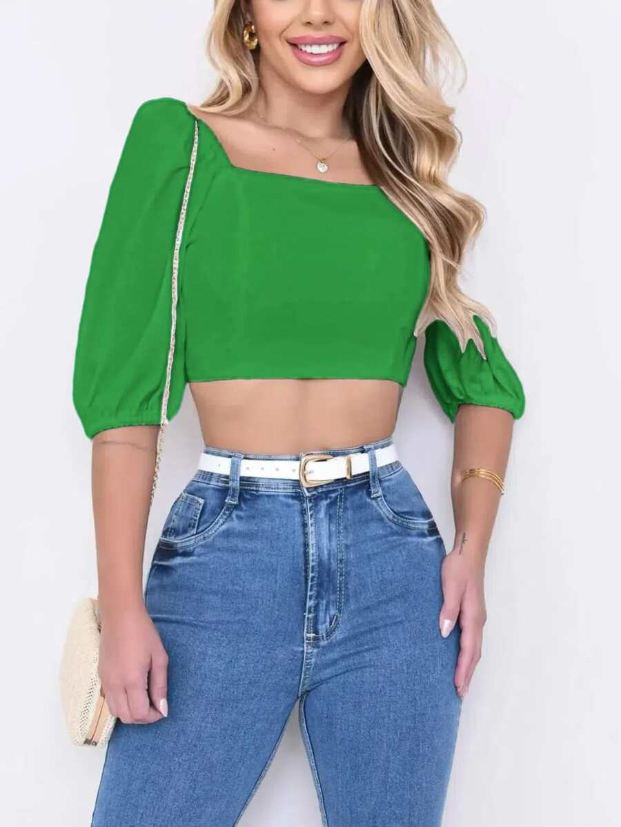Women's Cropped Short Sleeve With Bulge Ties At The Back For Summer - màu xanh lá - Xem 1