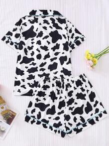 可爱奶牛印花女式睡衣套装，翻领短袖上衣和松紧腰短裤，女士休闲睡衣和家居服 - 黑與白 - 查看 2