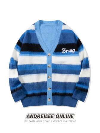 Randig V-ringad kofta med lång ärm, höst/vinter, herr