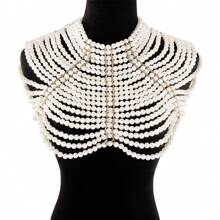1 pieza Cadena de hombro personalizada de múltiples capas con borlas, elegante collar de chal con perlas hechas a mano, accesorio de joyería de cadena corporal para uso diario de mujer