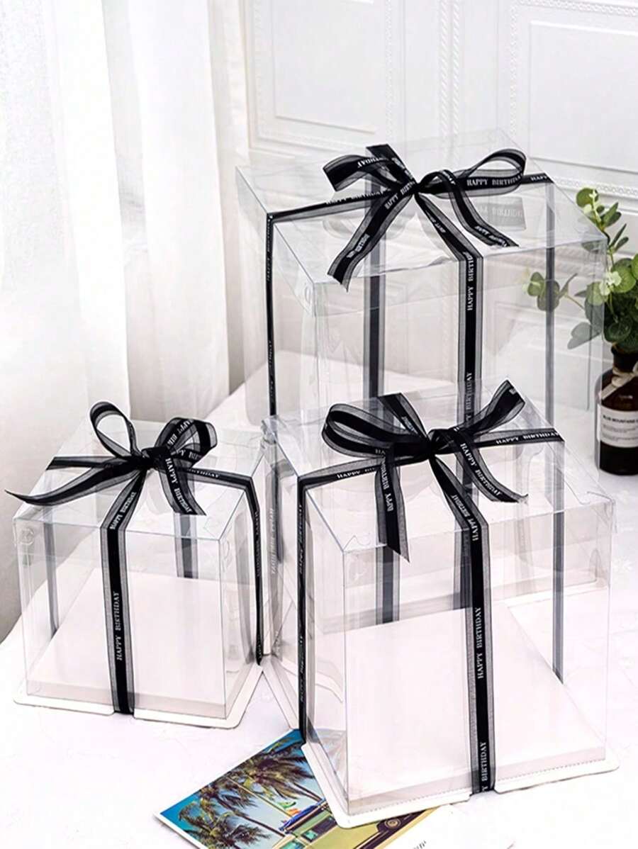 1 conjunto Caixa de bolo transparente de camada única (exceto fita), caixa de embalagem de alimentos, caixa de embalagem transparente em PVC, adequada para caixa de presente de decoração de bolo de aniversário e casamento - Branco - Visão 1