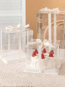 1 conjunto Caixa de bolo transparente de camada única (exceto fita), caixa de embalagem de alimentos, caixa de embalagem transparente em PVC, adequada para caixa de presente de decoração de bolo de aniversário e casamento - Branco - Visão 5