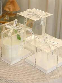 1 conjunto Caixa de bolo transparente de camada única (exceto fita), caixa de embalagem de alimentos, caixa de embalagem transparente em PVC, adequada para caixa de presente de decoração de bolo de aniversário e casamento - Branco - Visão 3