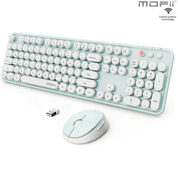 MOFII Juego de teclado y mouse inalámbrico ergonómico 2.4G, combo de teclado y mouse inalámbrico de 104 teclas, tamaño completo, teclas retro redondas, para escritorio/portátil - Blanco Verde