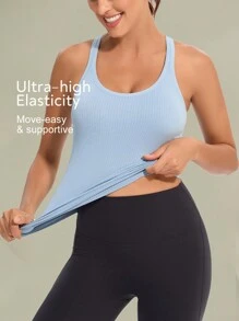 Tender Angel 2024新款性感瑜伽坦克背心，網紋字母設計，無縫技術製成，透氣排汗，適合健身、修背，深受歐美歡迎。運動坦克背心健身上衣 - 藍色 - 查看 2