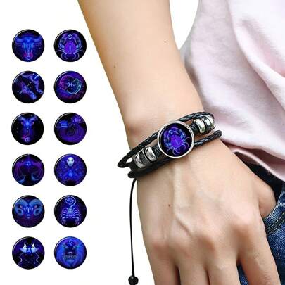 1pc Glow In The Dark 12 Zodiac Sign Braided Multilayer Bracelet, Unisex