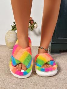 EVA 防滑厚底女士家居拖鞋，交叉毛绒拖鞋，彩色室内休闲时尚毛绒拖鞋，学生和妈妈鞋 - 彩色 - 查看 2