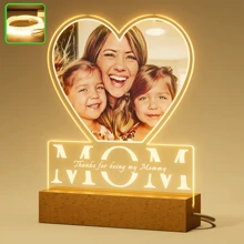 定制心形亚克力和木质 LED 灯座、个性化照片/文字礼物、带木质底座的极简主义亚克力面板上的 UV 打印、餐桌、卧室、节日/派对装饰、男朋友/女朋友、父母、情侣/最好的朋友礼物的温馨氛围灯、房间装饰小夜灯、惊喜礼物、浪漫礼物、家居装饰、派对用品、客厅、书房、带开/关 USB 开关的小夜灯、暖光 - 白色 - 查看 7