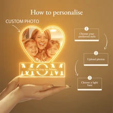 定制心形亚克力和木质 LED 灯座、个性化照片/文字礼物、带木质底座的极简主义亚克力面板上的 UV 打印、餐桌、卧室、节日/派对装饰、男朋友/女朋友、父母、情侣/最好的朋友礼物的温馨氛围灯、房间装饰小夜灯、惊喜礼物、浪漫礼物、家居装饰、派对用品、客厅、书房、带开/关 USB 开关的小夜灯、暖光 - 白色 - 查看 2