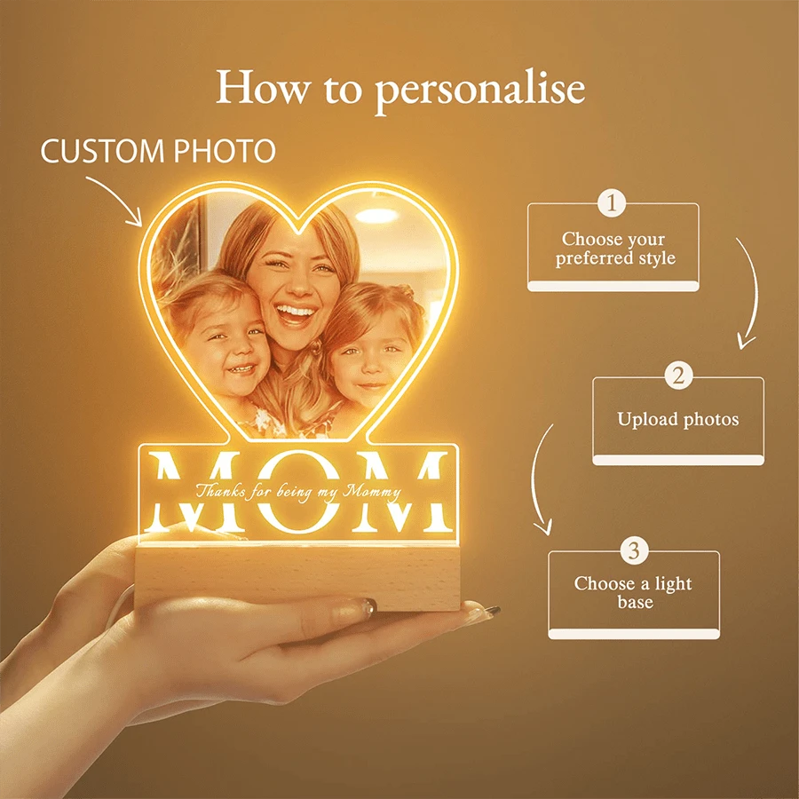 定制心形亚克力和木质 LED 灯座、个性化照片/文字礼物、带木质底座的极简主义亚克力面板上的 UV 打印、餐桌、卧室、节日/派对装饰、男朋友/女朋友、父母、情侣/最好的朋友礼物的温馨氛围灯、房间装饰小夜灯、惊喜礼物、浪漫礼物、家居装饰、派对用品、客厅、书房、带开/关 USB 开关的小夜灯、暖光