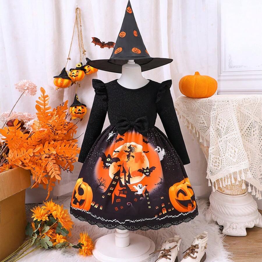 Vestido estampado de abóbora para meninas adolescentes Halloween Elements Holiday, primavera/outono
