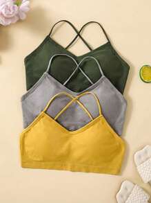 Teen Girl 3PCS Camisole With Built-In Bra Cup Strap Supportive Padded Tank Top Layering Cami Undershirt For Yoga - Multicolor - View 1