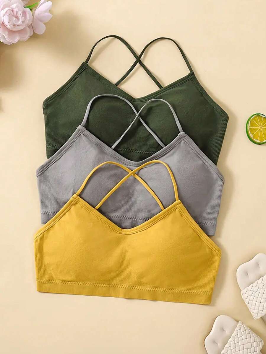 Teen Girl 3PCS Camisole With Built-In Bra Cup Strap Supportive Padded Tank Top Layering Cami Undershirt For Yoga - Multicolor - View 1