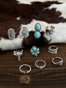 10pcs/Set Vintage Western Turquoise Flower, Texas Map, Cactus, Sunflower, Arrow Shape Openable Rings Set For Women - Multicolor - View 3