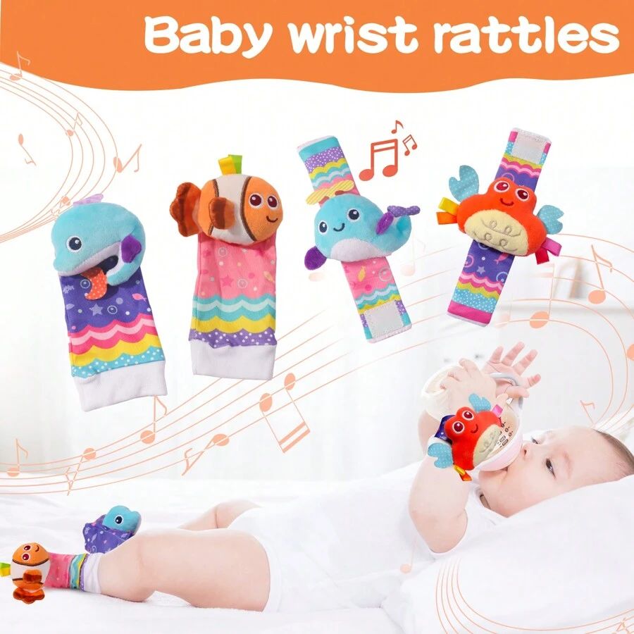 Calcetines con sonajero para bebé, pulseras decorativas coloridas con sonajero para la muñeca, juguetes para agitar, regalo de Pascua - Juego de 4 calcetines de juguete marino. - Ver 1
