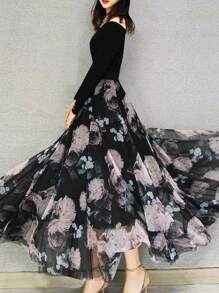 花卉印花网布覆层半身裙 - 黑色 - 查看 4