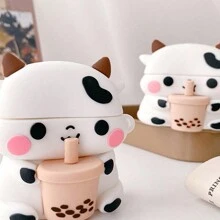 Boba Tea Cow Panda Case Compatible With Airpods 1&2,Pro Second Generation,Soft Silicone 3D Cute Funny Cool Fun Cartoon Character Kawaii Fashion Cover With Keychain Compatible With Apple Air Pod Gen 2 & 1, Cow/Panda