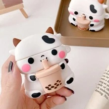 Boba Tea Cow Panda Case Compatible With Airpods 1&2,Pro Second Generation,Soft Silicone 3D Cute Funny Cool Fun Cartoon Character Kawaii Fashion Cover With Keychain Compatible With Apple Air Pod Gen 2 & 1, Cow/Panda