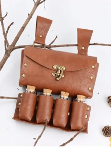 PU Leather Medieval Knight Belt Bag With Glass Magic Bottle Viking, Renaissance Faire LARP, Steampunk Witch Vampire Cosplay Costumes Prop (Without Waist Belt) - Brown - View 2