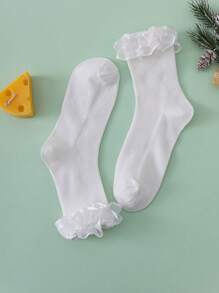 1 双纯色面料荷叶边饰边柔软甜美优雅女士中筒袜，适合度假和户外活动，春夏季 - 白色 - 查看 3