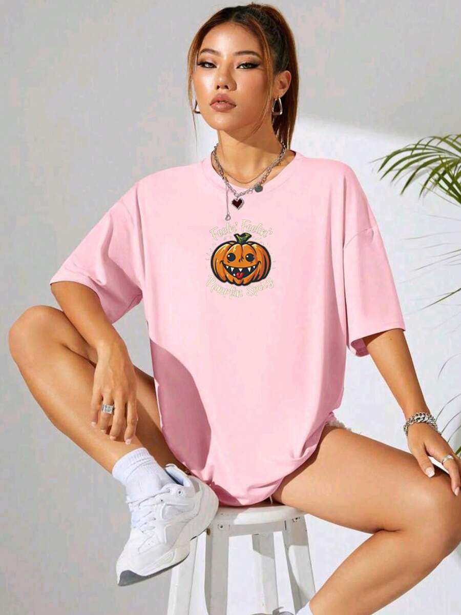 Oversized Women's Casual Off Shoulder 100% Cotton T-Shirt With Pumpkin Head Print - 淺粉色 - 查看 1