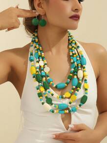 Collar con colgante de cuentas multicapa hecho a mano, conjunto de collar y aretes de cuentas de madera bohemio, accesorios de moda para fiesta/vacaciones - Multicolor - Ver 12