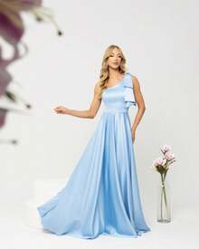 Long Bridesmaid Party Dress One Shoulder Elegant Satin Crepe Jordanny Serenity Blue - Baby Blue - View 2