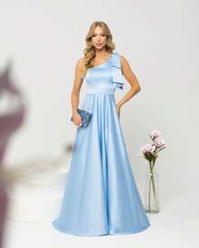 Long Bridesmaid Party Dress One Shoulder Elegant Satin Crepe Jordanny Serenity Blue - Baby Blue - View 1