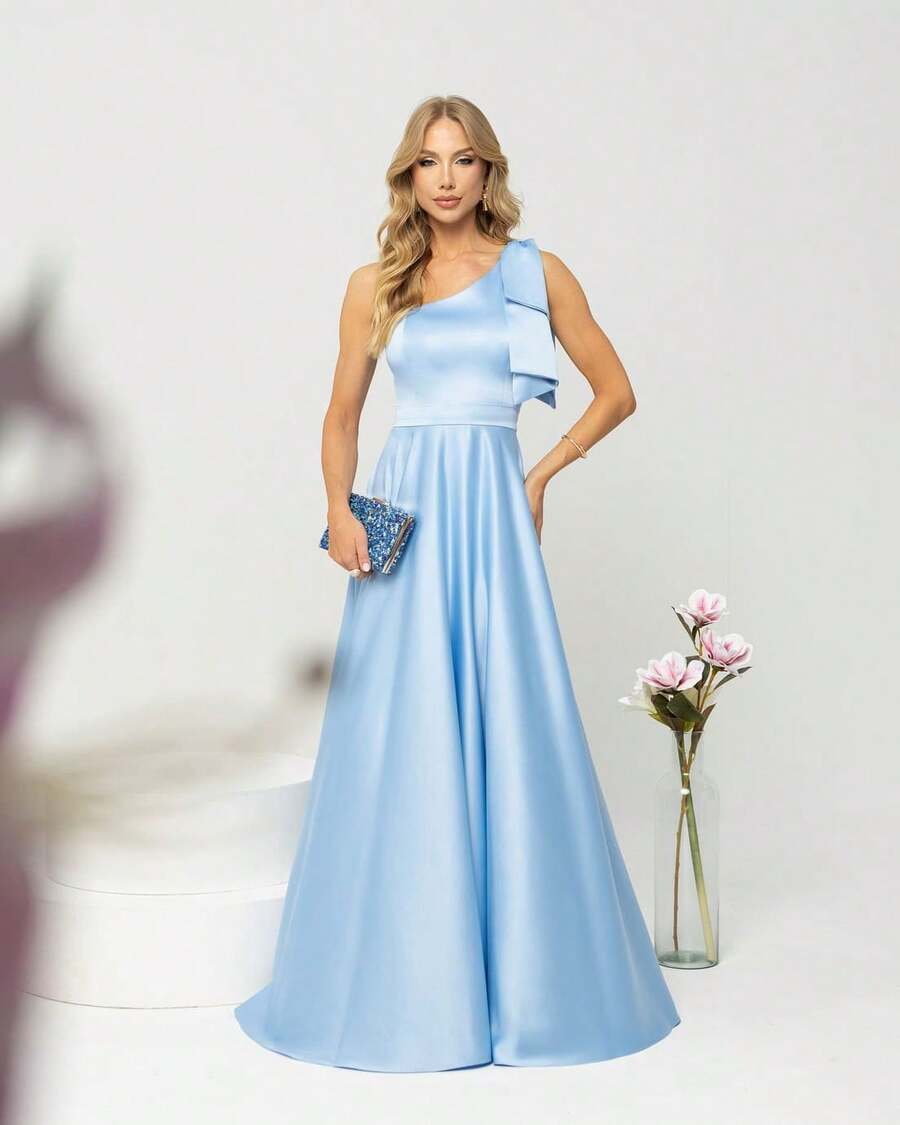 Long Bridesmaid Party Dress One Shoulder Elegant Satin Crepe Jordanny Serenity Blue - Baby Blue - View 1