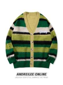 ANDREILEE Men's Striped Cardigan Long Sleeve V-Neck Sweater, Autumn/Winter - Green - View 2