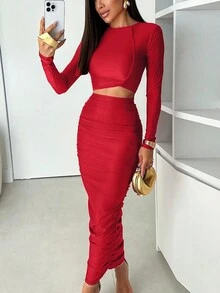 秋冬季女士短裙两件套长袖短款上衣褶皱长裙套装紧身性感优雅服装