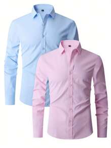 Kit Of 2 Men's Long Sleeve Slim Fit Royal Blue Dress Shirt With Black Details - 淺粉色 - 查看 1