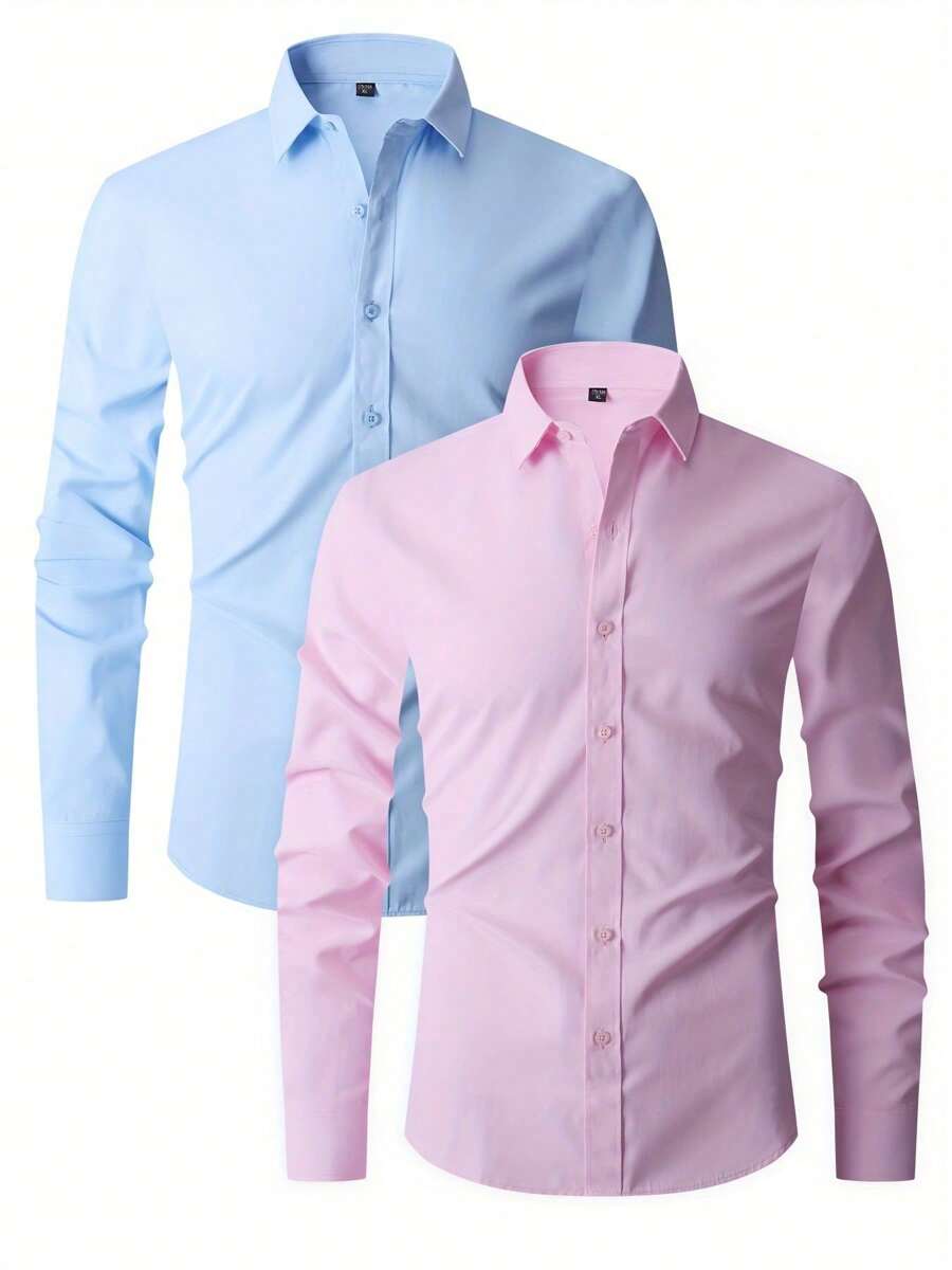 Kit Of 2 Men's Long Sleeve Slim Fit Royal Blue Dress Shirt With Black Details - 淺粉色 - 查看 1