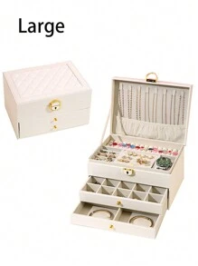 1 pieza Joyero con estilo de cajón de patrón geométrico multicapa con cerradura, gran capacidad para collares, aretes y otros accesorios, regalo ideal para o de regreso a la escuela - Blanco - Ver 15