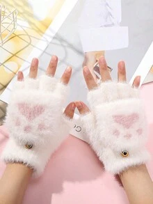 1 双女士户外简约休闲纯色毛绒保暖面料加厚触屏猫爪手套，多色可选，适合写作、办公、户外活动、街头穿着，理想礼物