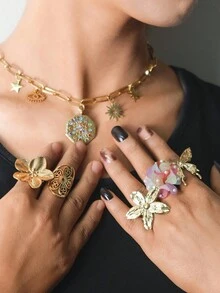 Vintage Set mit mehrlagigen Edelstahl-Ringen mit Retro-Frische-Wasserperlenhohlschmetterling- und Blumenmotiven, geeignet für den täglichen Gebrauch von Frauen, Halloween, Valentinstag, Thanksgiving, Partys, Reisen, Feiertagsgeschenke, Freundschaftsschmuck - Verschiedenfarbig - Übersicht 3