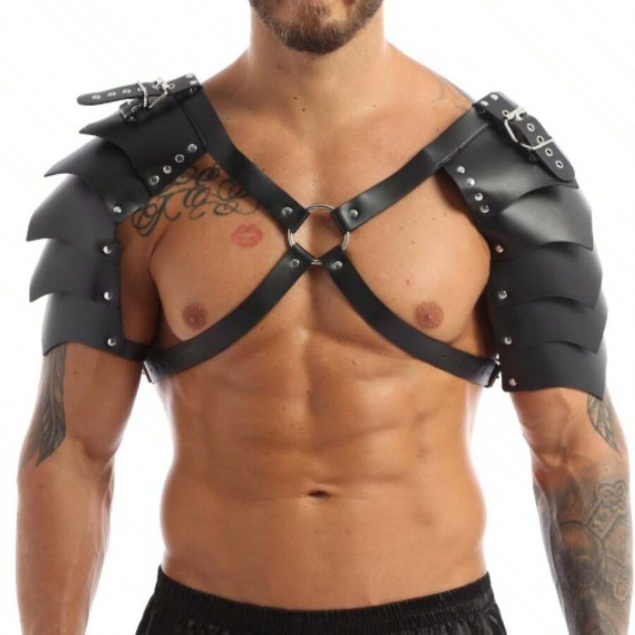 1pc Adjustable Men's Leather Body Harness Chest Strap Shoulder Armor Dual Shoulder Multi-Strap Restraint Harness - Black - View 1