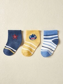 3双幼儿休闲条纹卡通袜子 - 彩色 - 查看 1