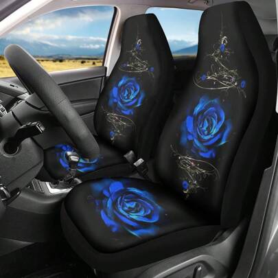 Blue Rose 2 Pieces Car Seat Covers - Fit, Polyester Front Bucket Seat Cushion Pads For Vehicle Interior Accessories Car Seat Covers Full Set Seat Covers For Vehicles