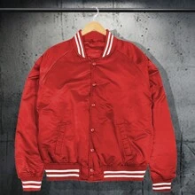 Men Solid Varsity Bomber Jacket Waterproof Fall Winter Summer Lightweight All Season Striped Trim Slant Pockets Baseball Jacket Snap Button - Red - View 1
