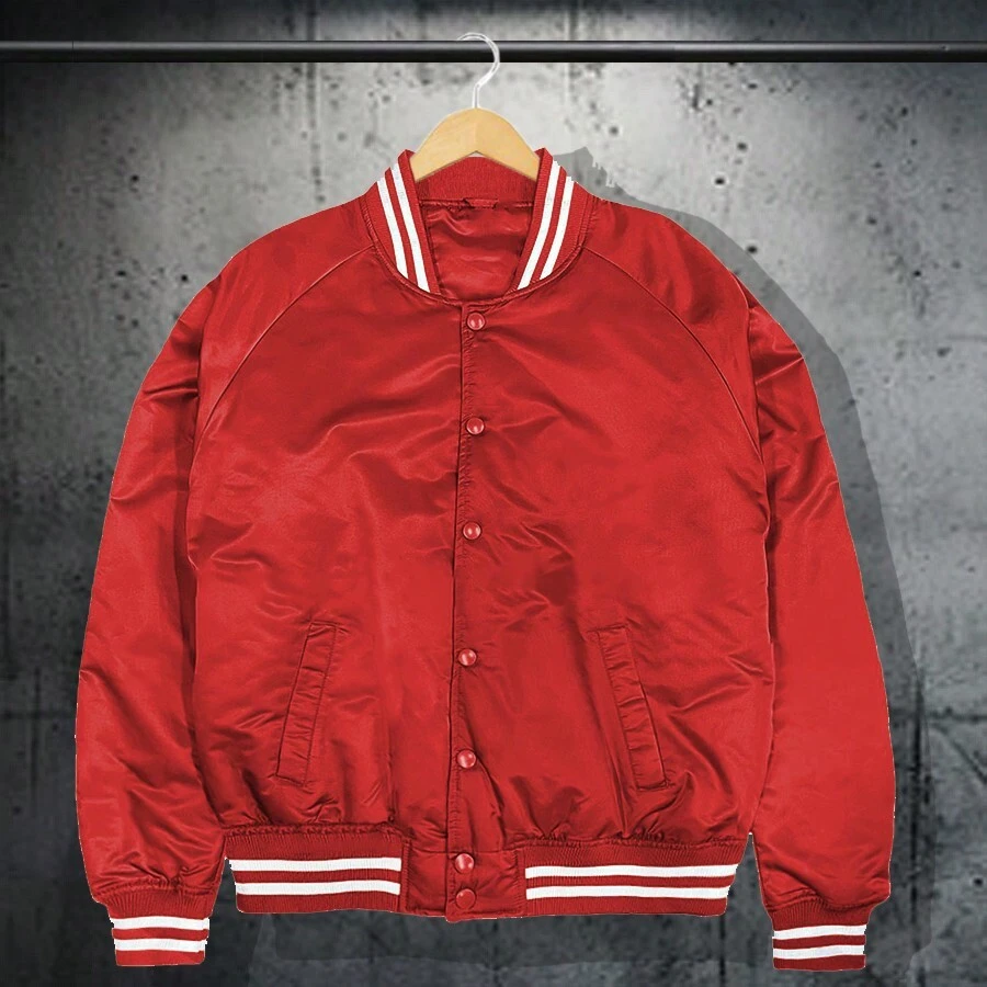 Men Solid Varsity Bomber Jacket Waterproof Fall Winter Summer Lightweight All Season Striped Trim Slant Pockets Baseball Jacket Snap Button - Red - View 1