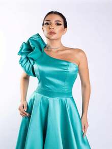 Long One Shoulder Bridesmaid Party Dress With Ruffles Amérie Elegant Aqua Green - Azul Cadete - Ver 5