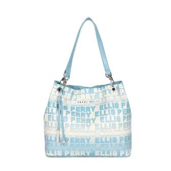  Bolsa Para Mujer Perry Ellis Tipo Shoulder Bag Azul Con Asas al hombro y Arillos Metálicos Color Plata y Llavero Colgante Con Logo De La Marca Diseño Tipo Impresión Con El Logo De La Marca