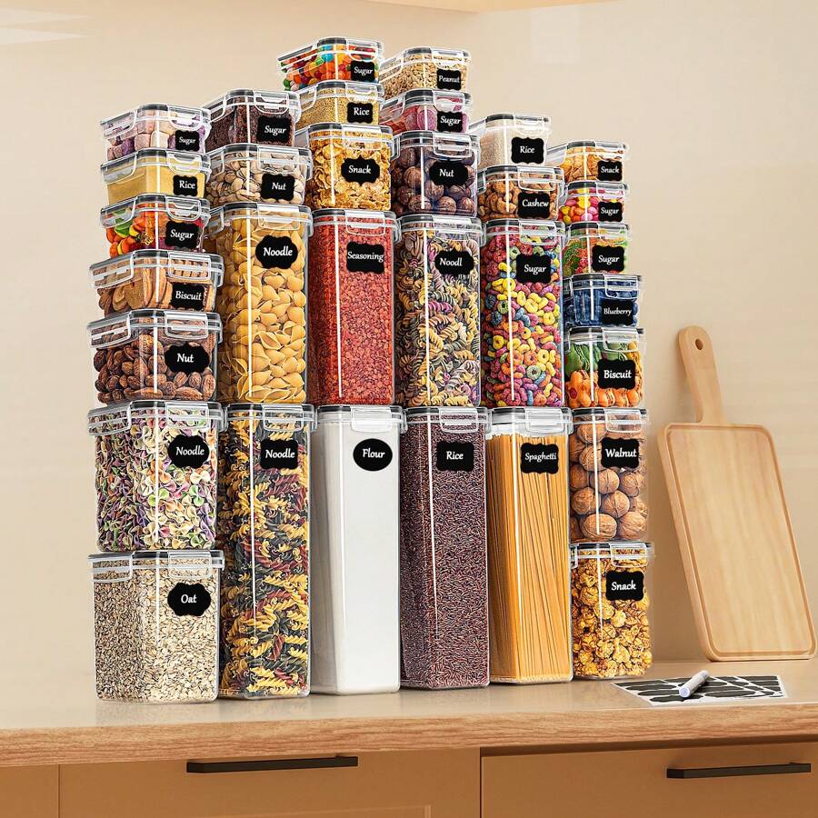 32 recipientes de almacenamiento de cocina sellados con tapas, accesorios de cocina, almacenamiento de especias de cocina, adecuados para refrigeradores, gabinetes, almacenamiento de harina, azúcar, pasta, cereales e ingredientes para hornear, incluidas etiquetas, pegatinas, marcadores, almacén local